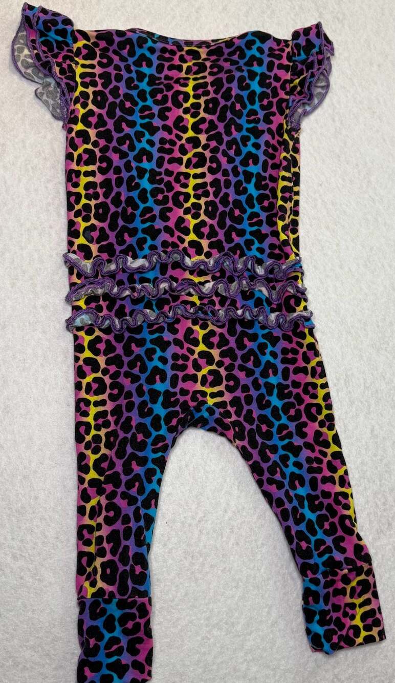 Bums & Roses Neon Leopard Ruffle Zippy Bamboo Romper - Picture 2 of 3
